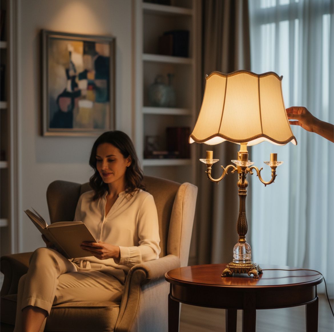 Vintage Heavy Brass & Crystal Lotus Side Table Lamp